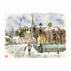 水彩風景画　額装品（ジークレープリント）　『雪染めのアミアン大聖堂』 2枚目の画像