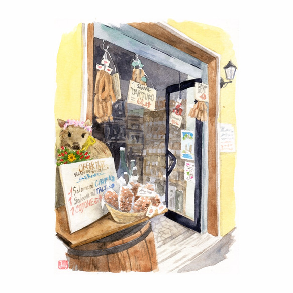 水彩風景画　額装品（ジークレープリント） 『小さな村の店先にて』 2枚目の画像