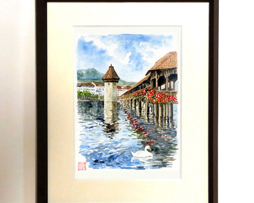 水彩画 水辺の風景 額装済み 楽天市場】水辺の風景 6枚セット ( 御所 保津川下り 鴨川 虹 杉