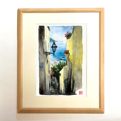 ブーゲンビリア咲くレストラン 透明水彩画 ホワイト額入り 水彩