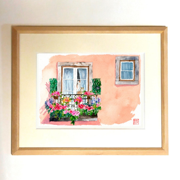 水彩風景画　額装品（ジークレープリント） 『花と猫のいる窓辺』 1枚目の画像
