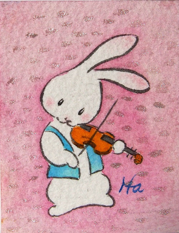 ミニ絵No.6「バイオリンうさぎ2」（原画・陶器フレーム） 2枚目の画像