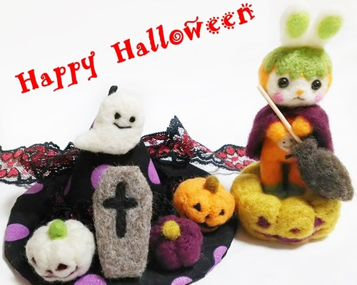 羊毛フェルト/ハロウィン うさぎ お墓 帽子 ホウキ オバケ 置物 羊毛