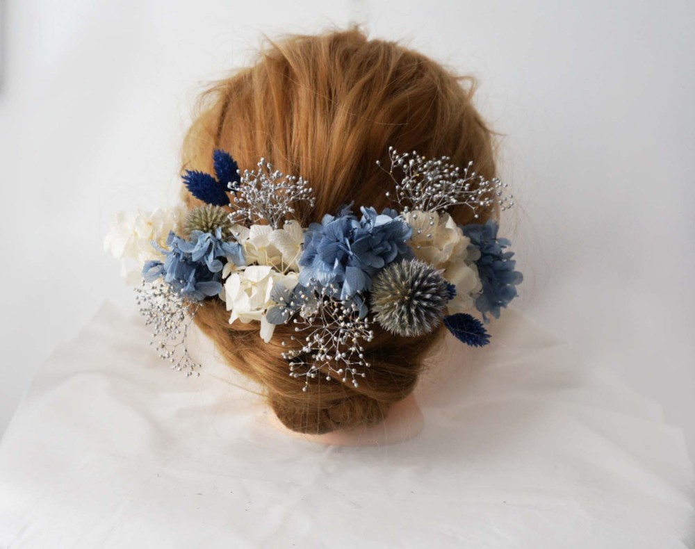 ブルー系アジサイ　カスミソウ髪飾り　プリザード　成人ブライダル　ウェディング