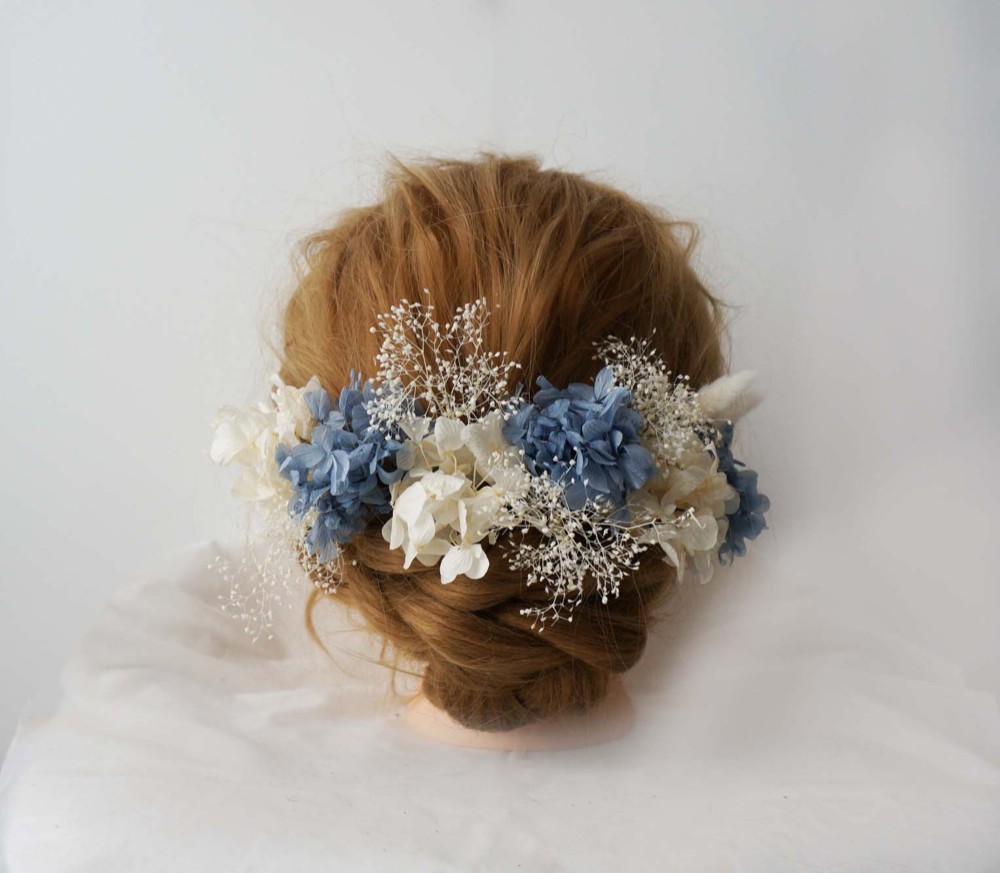 ブルー系アジサイ　カスミソウ髪飾り　プリザード　成人ブライダル　ウェディング