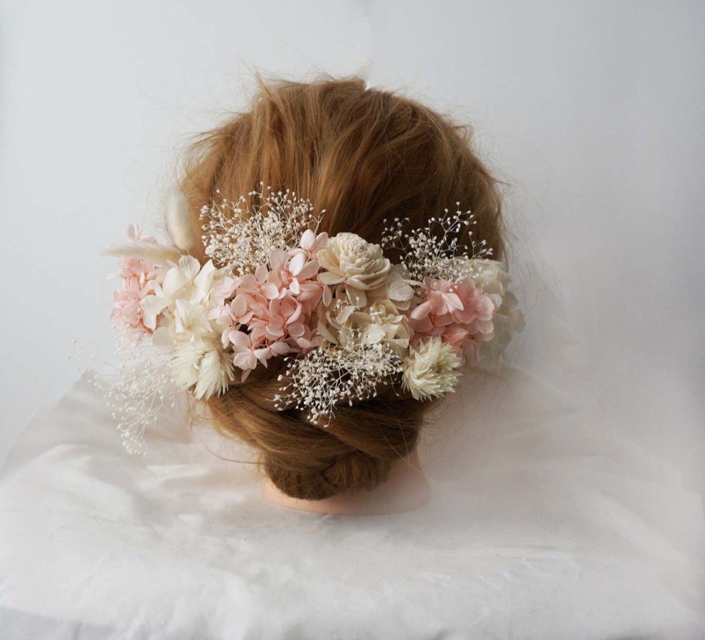 ピンク系アジサイ　カスミソウ髪飾り　プリザード　成人ブライダル　ウェディング