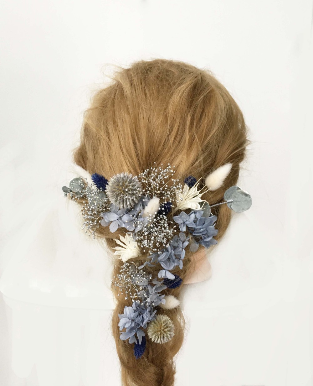 ブルー系　アジサイカスミソウ髪飾り　プリザード　成人ブライダル　ウェディング