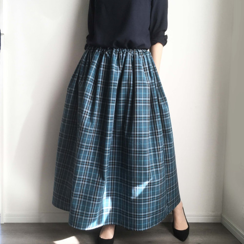 ブルーグリーンタータンチェックスカート ロングスカート（マキシ丈