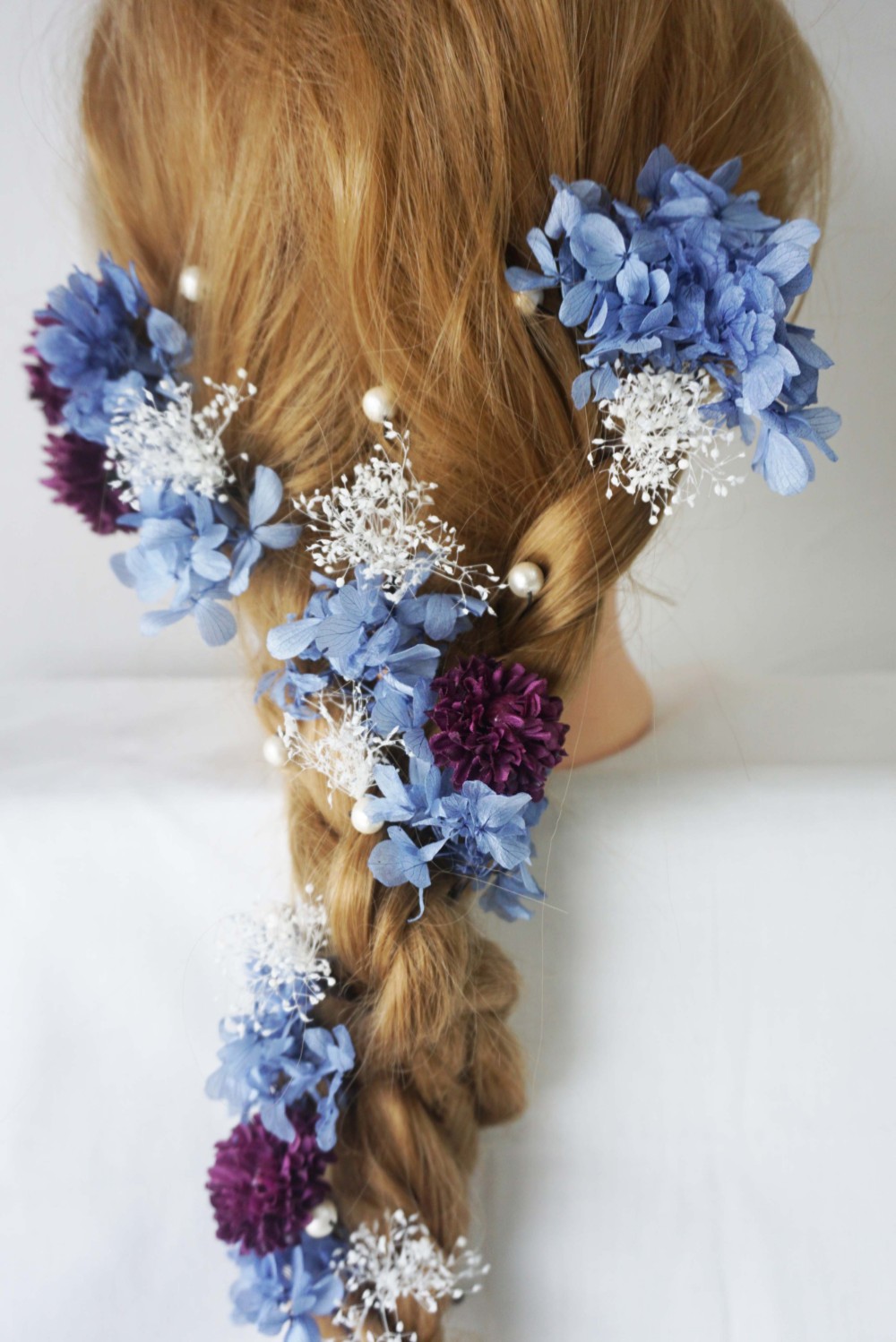 ブルー系髪飾り　プリザード　成人式　ブライダル　ウェディング