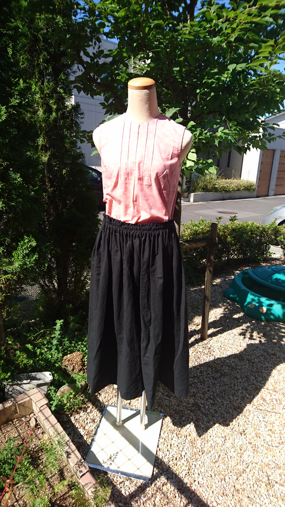 再販 ハーフリネン ギャザースカート 黒 2枚目の画像