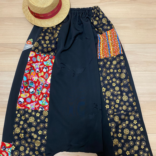 【まめ様】サルエルパンツ（3点）✿着物✿黒留袖✿和モダン（着物リメイク） 泥大島菱柄＊サルエルパンツ＋ストール＊裏地付き＊着物リメイク