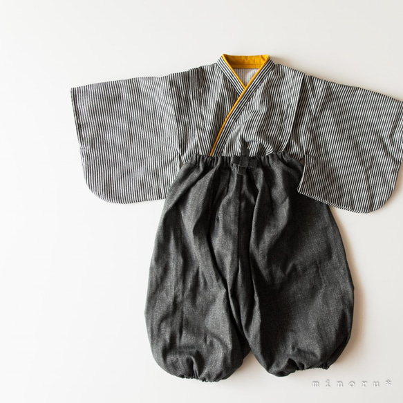 hakama ヒッコリーｘデニム(辛子)ブラック セパレート 100cm｜kimono 1枚目の画像