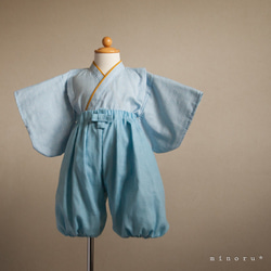 hakama ヒッコリーｘデニム(辛子)ライトブルー ロンパース 80cm | kimono 1枚目の画像