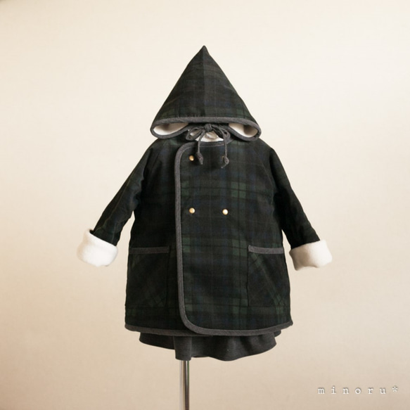 小人コート セット ブラックウォッチ(80-110)｜小人帽子とノーカラーコートのセットアップ【受注製作】 1枚目の画像