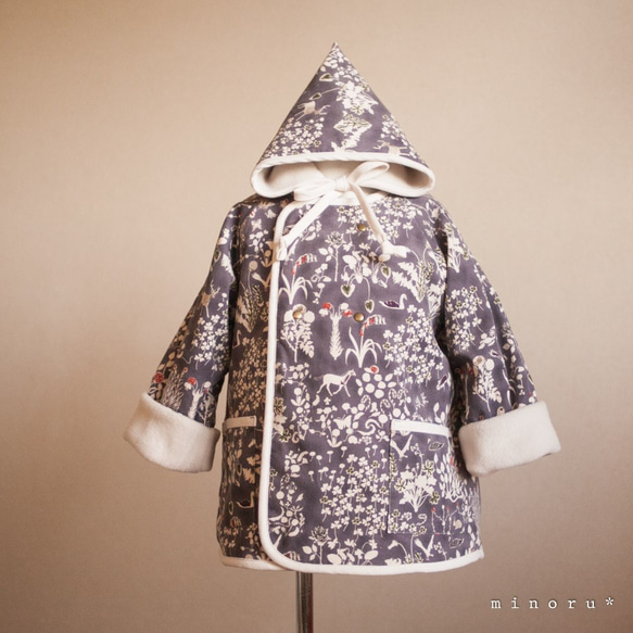 小人コート セット ヨシエ(リバティ)100cm｜小人帽子とノーカラーコートのセットアップ 1枚目の画像