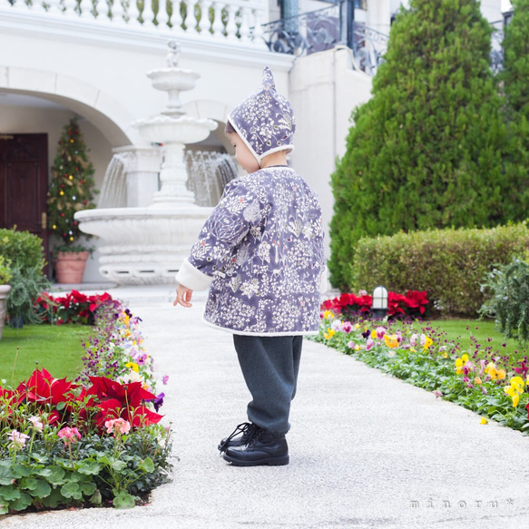 小人コート セット ヨシエ(リバティ)100cm｜小人帽子とノーカラーコートのセットアップ 8枚目の画像