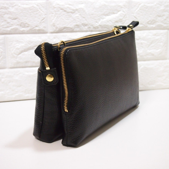 ★手工製作★日本製造★真皮★錢包袋★L型拉鍊・超大★單肩包★黑色★開放式口袋★ 第8張的照片