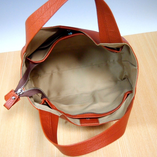 ☆ハンドメイド☆日本製☆牛革☆手提げバッグ☆オレンジ茶☆コロンと  