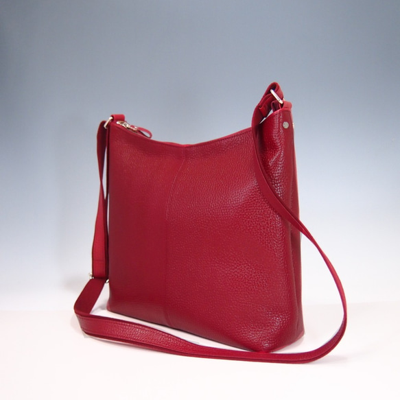 ★手工製作★日本製造★柔軟真皮★大號斜挎包★紅色★垂直★超輕★ 第3張的照片