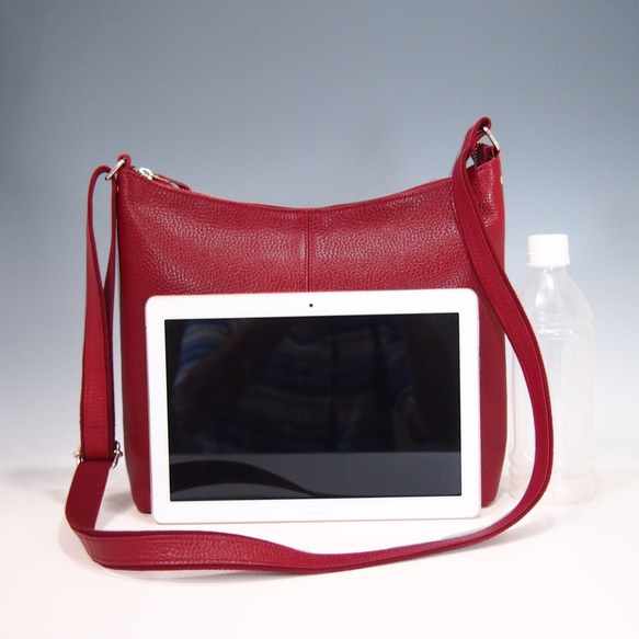 ★手工製作★日本製造★柔軟真皮★大號斜挎包★紅色★垂直★超輕★ 第5張的照片