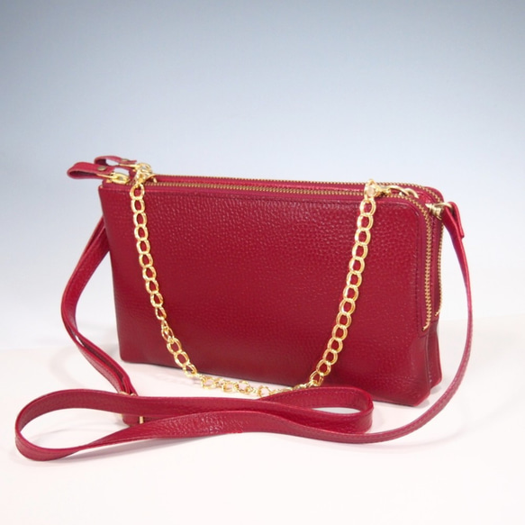 ☆ハンドメイド☆本革☆お財布ポシェット☆ダブルファスナー☆斜め掛け  