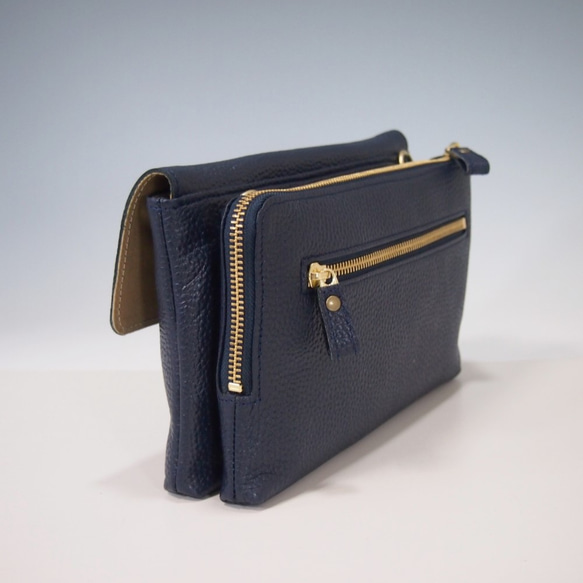 ★手工製作★日本製造★真皮★錢包袋★小背包★翻蓋/L 型拉鍊★單肩包★海軍藍★智慧型手機 第8張的照片