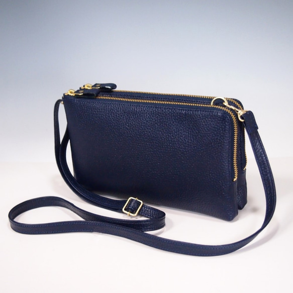 ★手工製作★日本製造★真皮★錢包式手拿包★斜挎包★L型拉鍊★單肩斜挎包★海軍藍★智慧型手機 第1張的照片