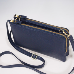 ★手工製作★日本製造★真皮★錢包式手拿包★斜挎包★L型拉鍊★單肩斜挎包★海軍藍★智慧型手機 第2張的照片