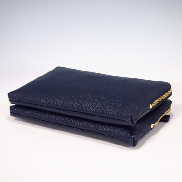 ★手工製作★日本製造★真皮★錢包式手拿包★斜挎包★L型拉鍊★單肩斜挎包★海軍藍★智慧型手機 第5張的照片
