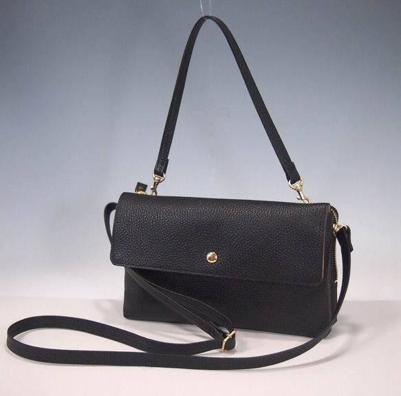 ★手工製作★日本製造★真皮★錢包袋★翻蓋★帶手柄（可拆卸）★斜挎包★黑色★ 第1張的照片