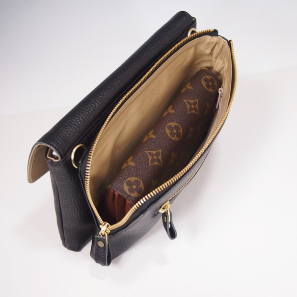 ★手工製作★日本製造★真皮★錢包袋★翻蓋★帶手柄（可拆卸）★斜挎包★黑色★ 第2張的照片