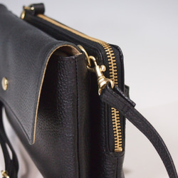 ★手工製作★日本製造★真皮★錢包袋★翻蓋★帶手柄（可拆卸）★斜挎包★黑色★ 第6張的照片