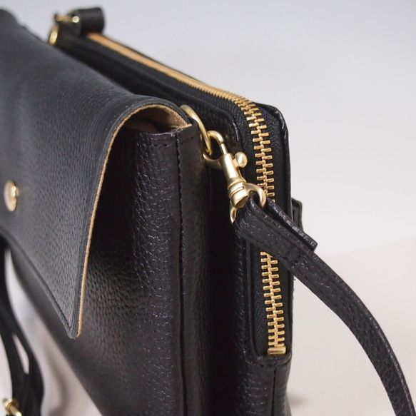 ★手工製作★日本製造★真皮★錢包袋★翻蓋★帶手柄（可拆卸）★斜挎包★黑色★ 第6張的照片