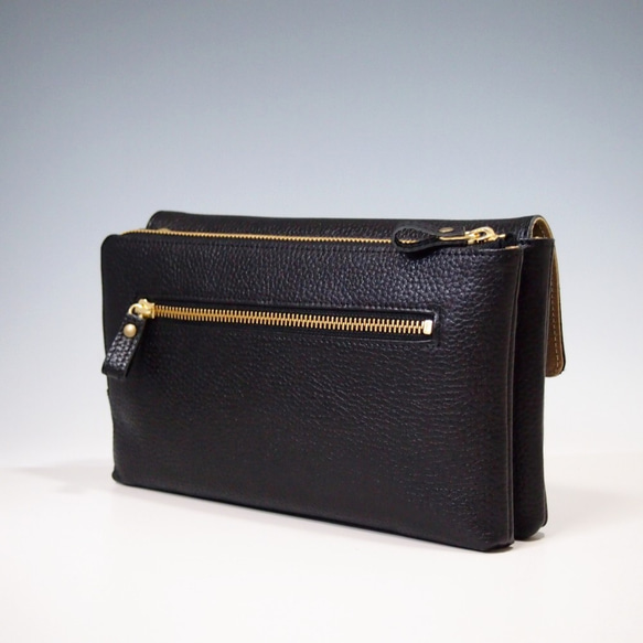 ★手工製作★日本製造★真皮★錢包袋★翻蓋★帶手柄（可拆卸）★斜挎包★黑色★ 第7張的照片