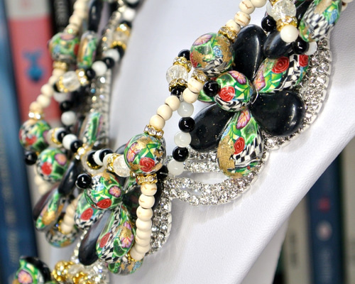 パーティ用ネックレス　ゴージャス　ラインストーン　天然石とクレイアート　クリムトの接吻をイメージ　ウエディング　披露宴