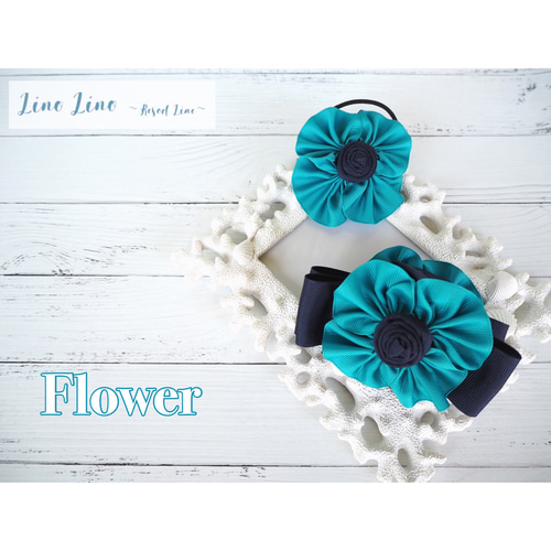 キッズ&大人兼用 Flower by AtelierSyusyu 〜ヘアゴム エメラルド