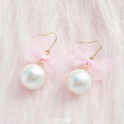 14kgf *絲帶×棉花珍珠耳環*粉色 第4張的照片
