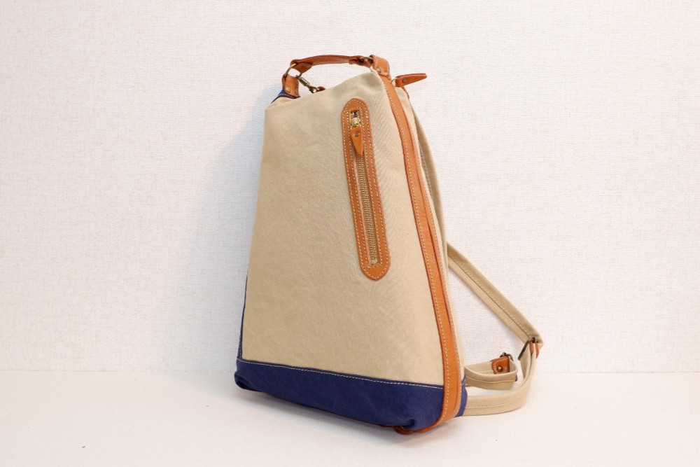 ドータク3wayリュック　帆布　アイボリー×ブルー