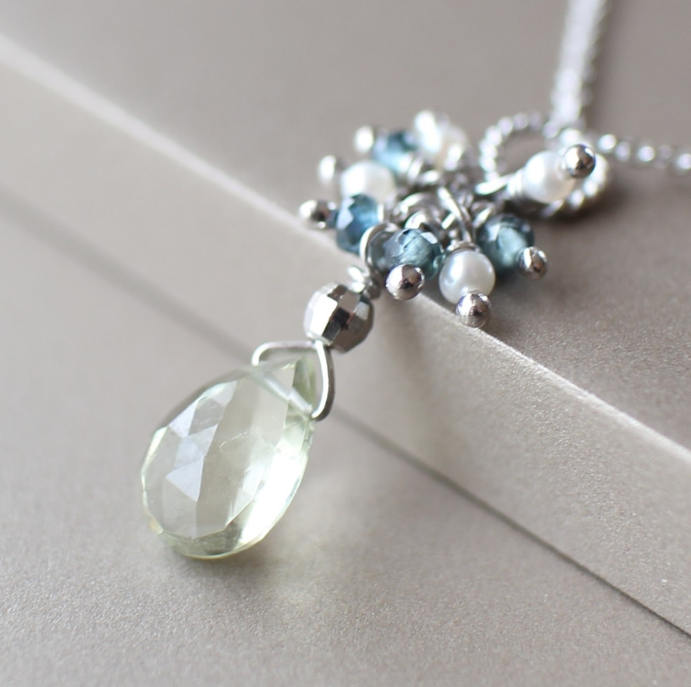 グリーンベリル & サファイア & 淡水パール シルバー925 ネックレス