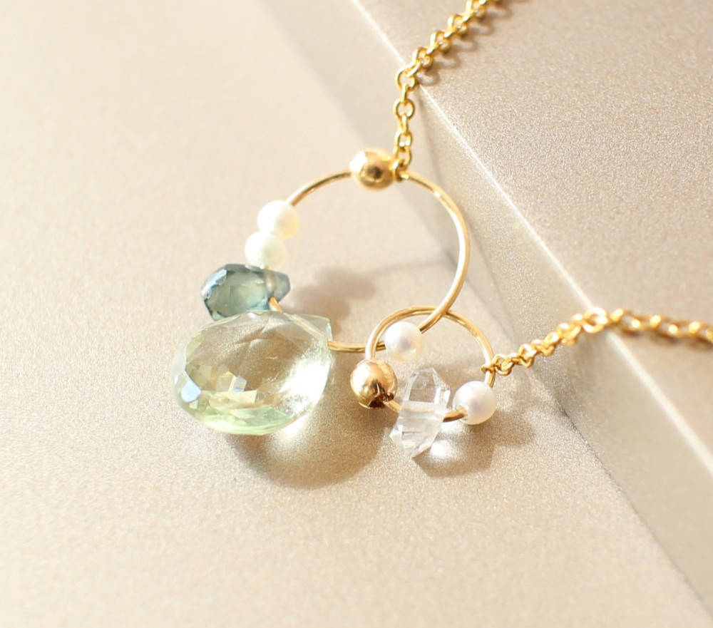 グリーンベリル & グリーンサファイア & ハーキマーダイヤモンド & 淡水パール 14KGF ネックレス