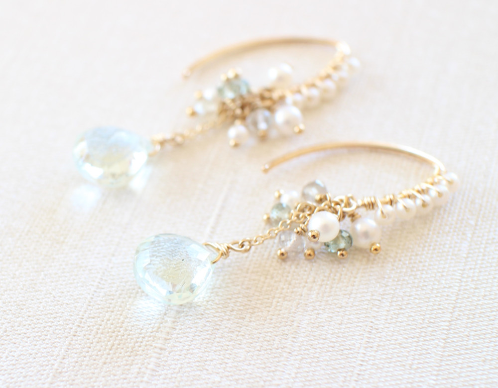 アクアマリン & サファイア & 淡水パール 14KGF ピアス