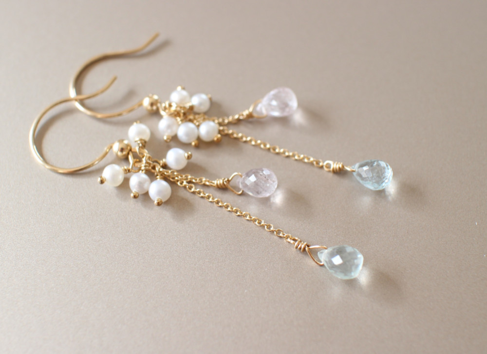 アクアマリン & モルガナイト & 淡水パール 14KGF ピアス