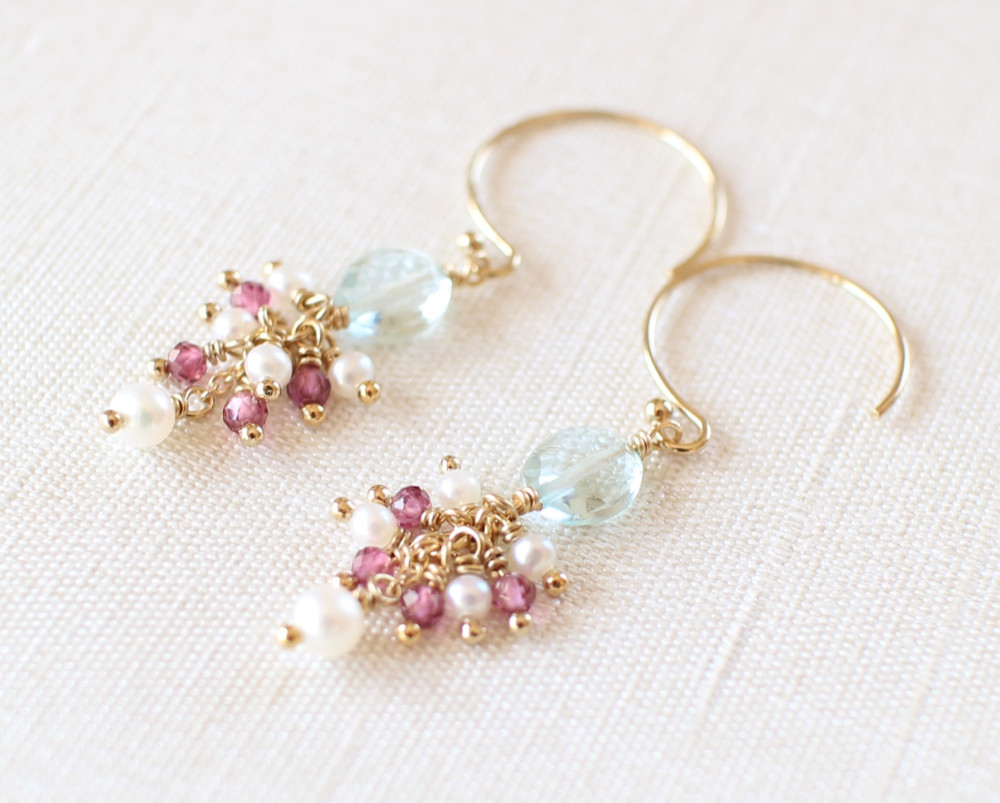 アクアマリン & ロードライトガーネット & 淡水パール 14KGF ピアス