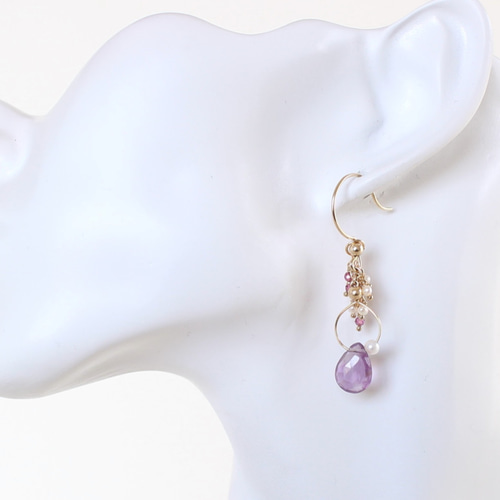 アメジストとロードライトガーネットのアメリカンピアス　14kgf 14kgf＊アメジストとロードライトガーネットのピアスNo421