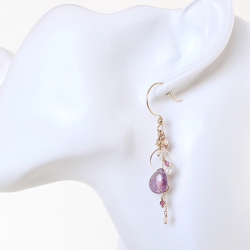 アメジストとロードライトガーネットのアメリカンピアス14kgf