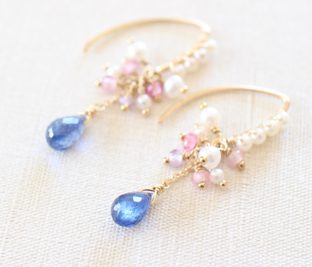 カイヤナイト & スピネル & 淡水パール 14KGF ピアス