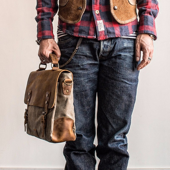 真皮+帆布包手工製作通勤學校旅行時尚男士公文包手工皮包真皮背 第4張的照片