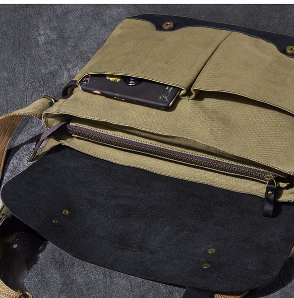 真皮+帆布包手工製作通勤學校旅行時尚男士公文包手工皮包 第6張的照片