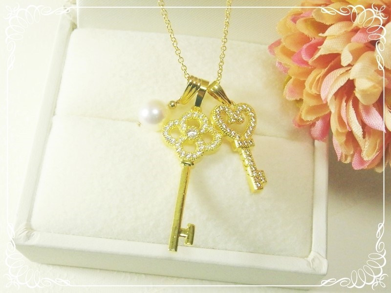 *N2*あこや真珠☆ジルコニア鍵パーツ☆7WAYロングネックレス