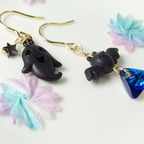 P33*ハロウィンピアス☆天然石ヘマタイト ピアス（フック・チェーン 